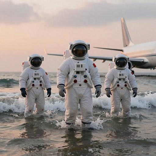 Astronauts Standing in Ocean Waves with Airplane
