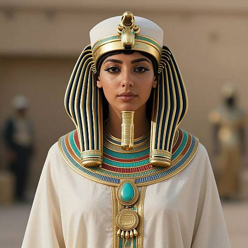 Digital artwork of an Egyptian woman with dark skin, wearing a striped nemes headpiece, gold jewelry, and a white robe, set against a blurred