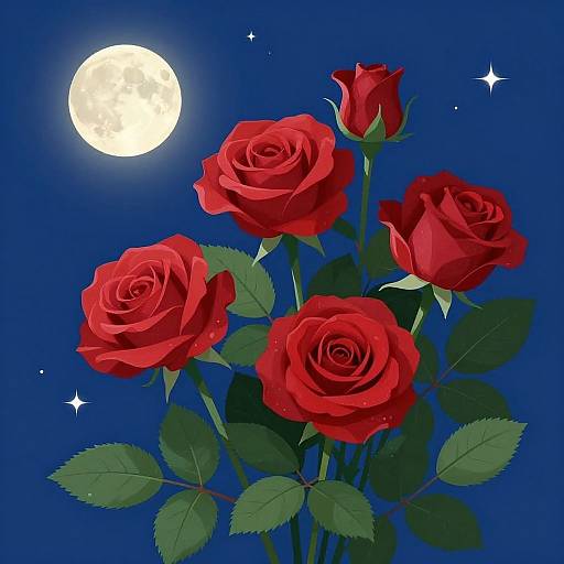 Vibrant Red Roses Under Moonlit Sky