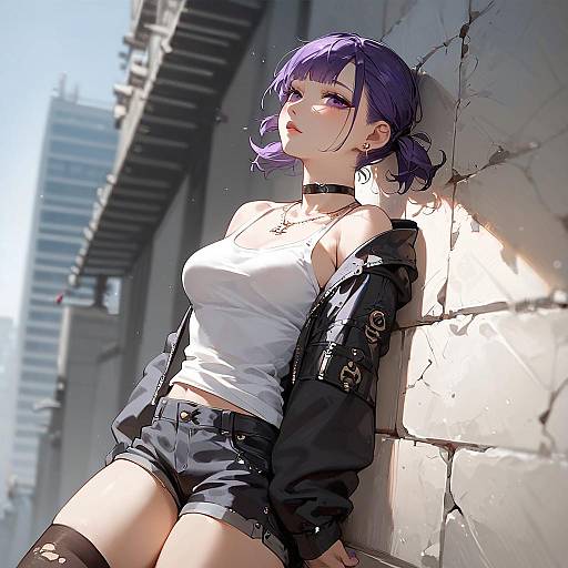 Anime Girl Leaning on Cracked Wall