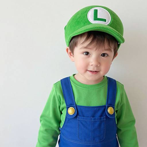 Photograph of a cute toddler boy with light skin, brown hair, wearing a green cap with an 