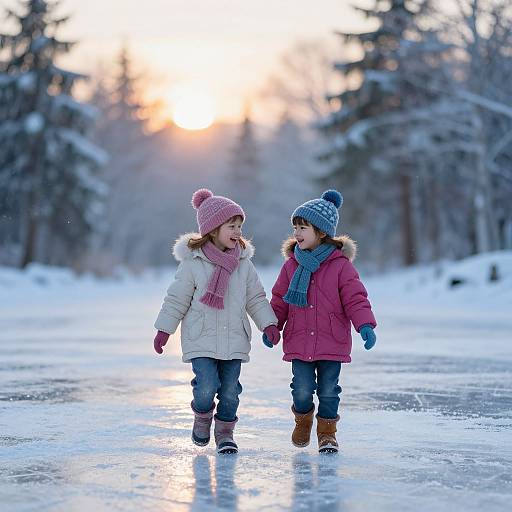 Photograph of two children, a girl in a white coat and pink hat, and a boy in a red coat and blue hat, walking on a