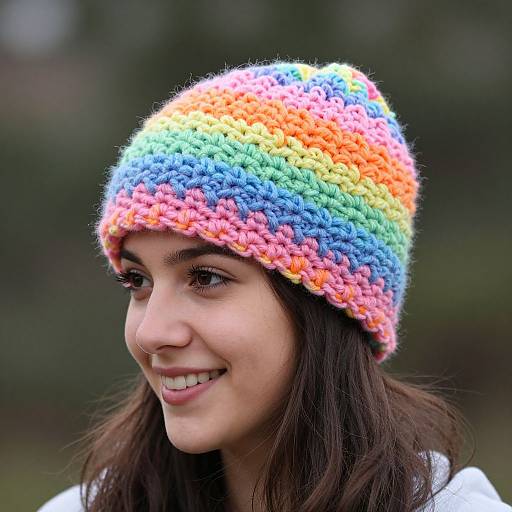 Photograph of a smiling young woman with medium brown skin and long dark hair, wearing a colorful, hand-crocheted rainbow hat, against a
