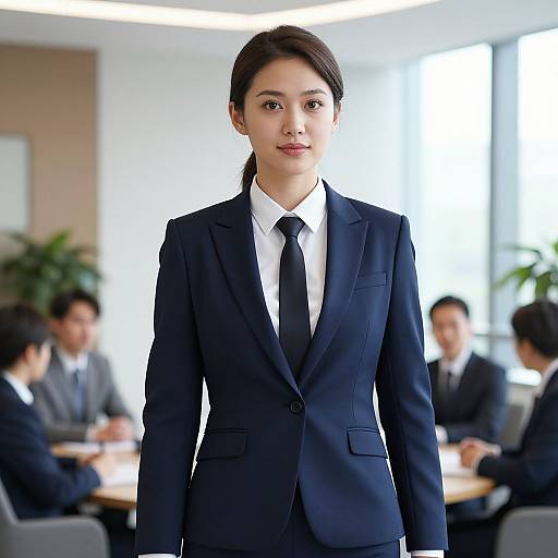 Photograph of an Asian woman in a navy business suit and white shirt, standing confidently in a modern office conference room. Background shows blurred colleagues seated around
