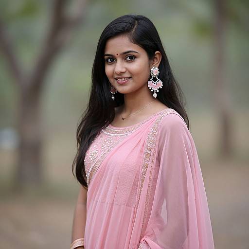 Photograph of a smiling Indian woman with long black hair, wearing a pink saree with lace embroidery and white floral earrings, standing outdoors with a blurred