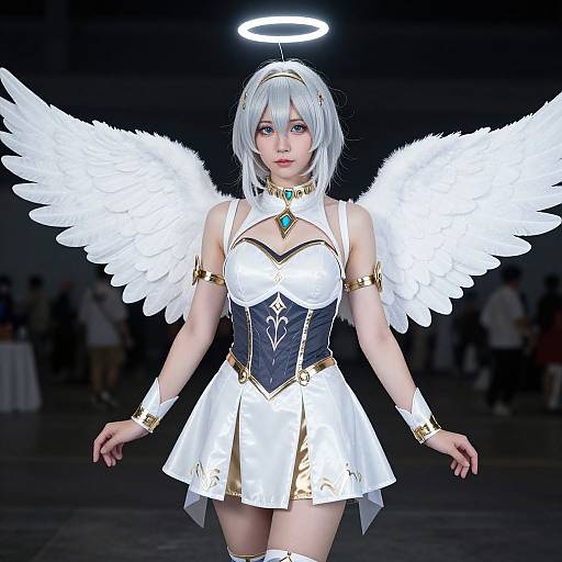 Digital CGI of an anime-style angel girl with white wings, silver hair, halo, wearing a white and black dress with gold accents, and jewelry,