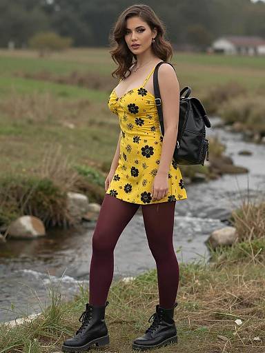 Photograph of a woman with wavy brown hair, wearing a yellow floral dress, maroon tights, black boots, and a black backpack,