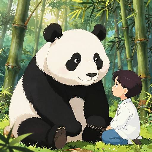 Anime-style illustration of a young boy with black hair, wearing a white kimono, sitting on grass next to a large, friendly panda in a sun