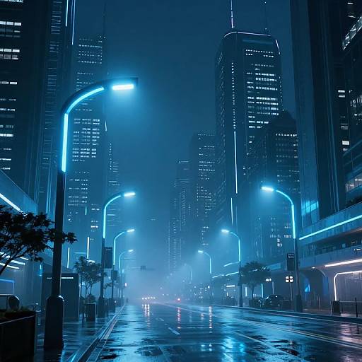 Neon-lit, futuristic city street at night, with glowing blue lights, misty atmosphere, tall skyscrapers, wet pavement reflecting lights,