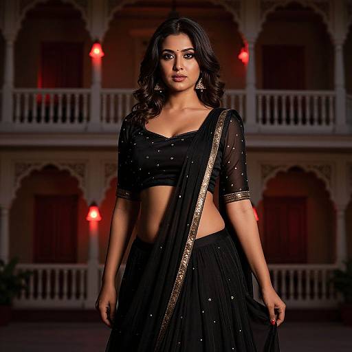 Photograph of an Indian woman with medium brown skin and dark wavy hair, wearing a black, semi-sheer, embellished traditional outfit,