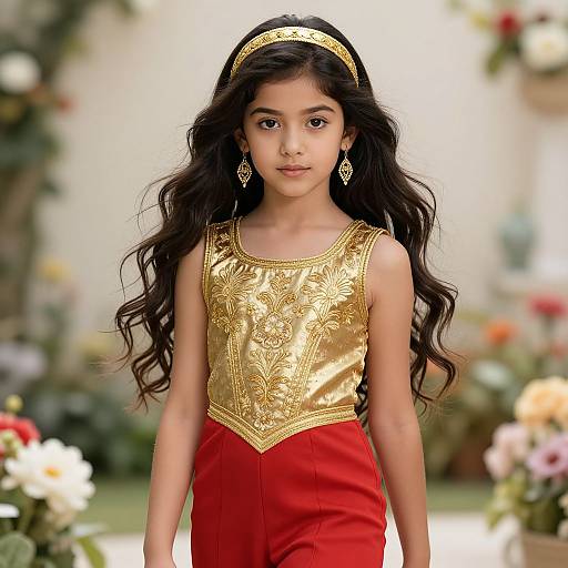 Photograph of a young Indian girl with long, wavy black hair, wearing a gold-embroidered red dress, gold headband, and