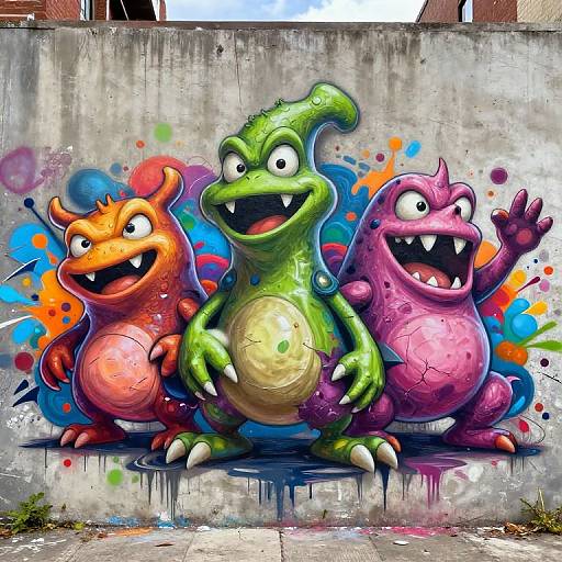 Colorful graffiti mural of three cartoon monsters: orange, green, and pink, with sharp teeth, standing on a concrete wall. Vivid splashes