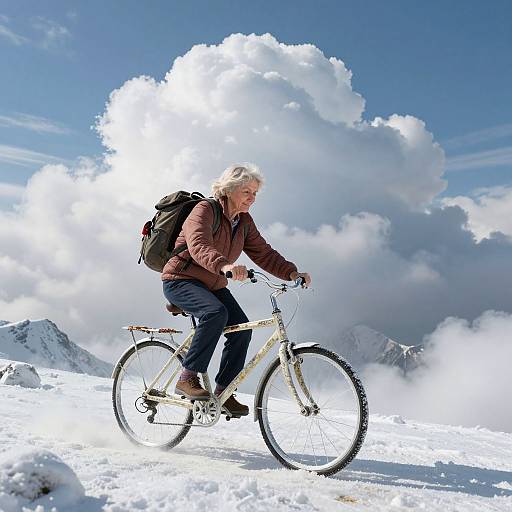 Photograph: Elderly woman with white hair, brown jacket, black pants, and backpack rides white bicycle on snowy mountain, large white clouds in bright