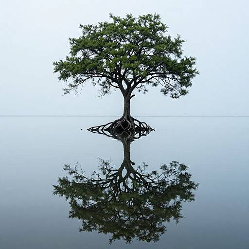Photograph of a solitary tree with intricate roots reflected in calm, still water, set against a minimalistic white background.