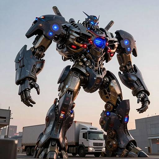 Photograph of a towering, metallic, blue and red glowing robot standing in an urban warehouse area with a white truck in the background.