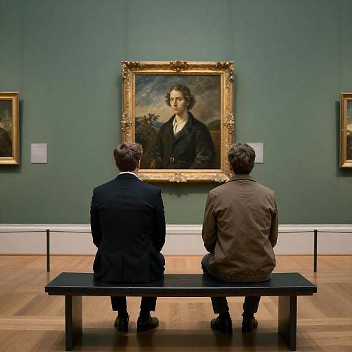 Men in Art Gallery on Black Bench