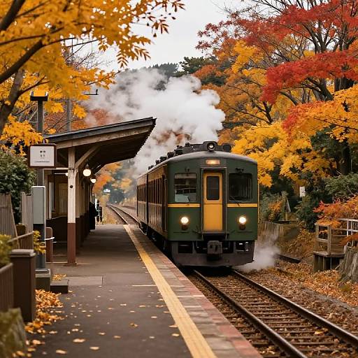 Photograph of a green vintage train emitting steam, arriving at an autumnal, colorful station with vibrant orange and red leaves.