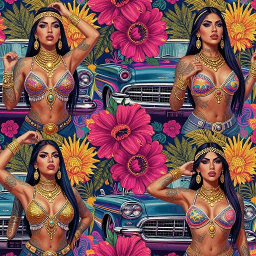 Photograph-style digital art: Four Latina women with long black hair, colorful bra tops, gold jewelry, tattoos, posing confidently against vibrant flower background and