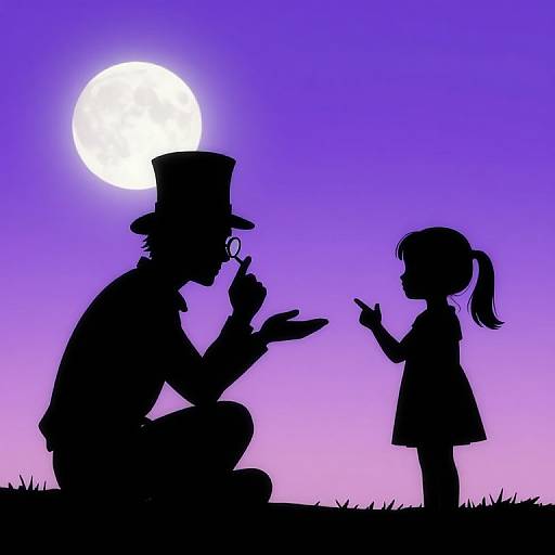 Silhouetted man in top hat and glasses, kneeling, conversing with a girl in a dress against a purple, pink gradient sunset with a