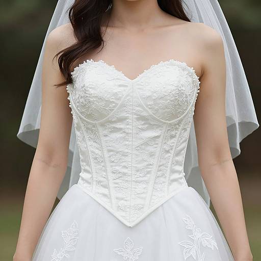 Photograph of a bride in a strapless, white lace wedding dress with a sweetheart neckline and delicate floral embroidery, wearing a sheer veil, against a