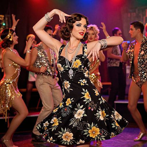 Photograph of a retro dance performance featuring a woman in a black floral dress, red lipstick, and silver bracelets, surrounded by dancers in sparkly outfits