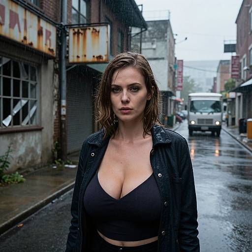 Photograph of a wet, serious-faced woman with brown hair, large breasts in a black bra, and open jacket, standing in a rainy, urban
