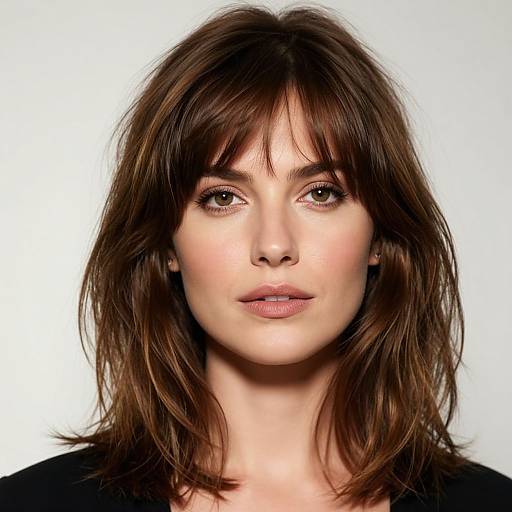 Photograph of a fair-skinned woman with brown, shoulder-length, layered hair and bangs, wearing a black top, against a white background.
