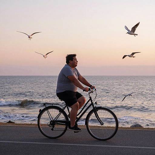 Photograph of a plus-sized man in a gray shirt and black shorts riding a black bicycle along a beach road at sunset, with seagulls flying