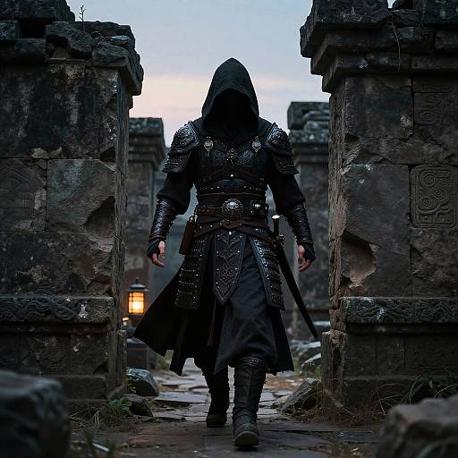 Photograph of a hooded, armored warrior walking through ancient, ruins with stone pillars, blurred lights in background, blue twilight sky.