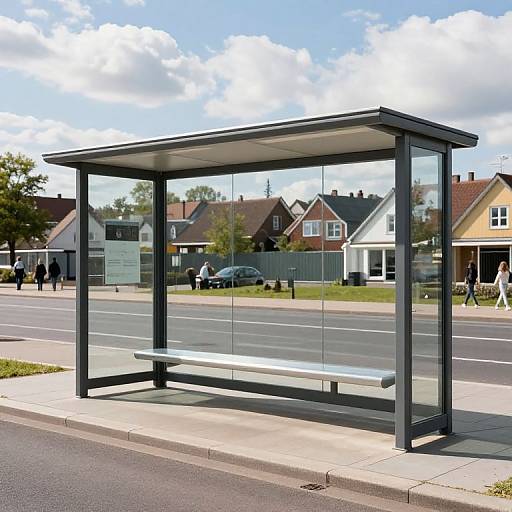 Photograph of a modern, glass and metal bus stop with a simple bench, situated on a suburban street with houses in the background. Bright, partly