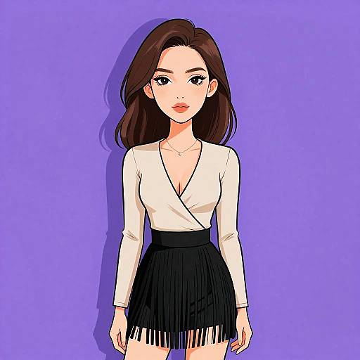 Digital anime-style illustration of a young woman with long brown hair, wearing a white V-neck blouse and black fringe skirt, standing against a solid purple background