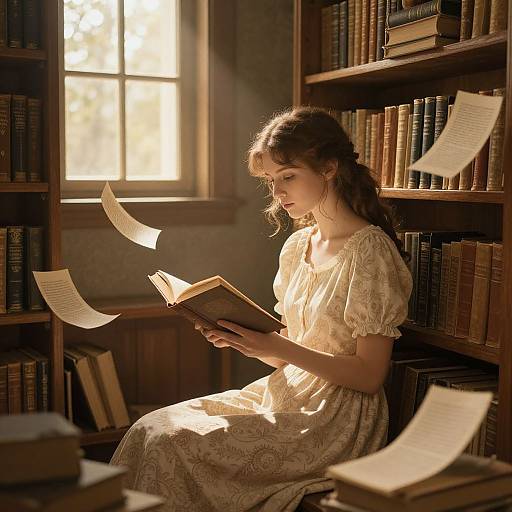 Photograph of a young woman with wavy brown hair, wearing a cream, patterned dress, reading a book in a sunlit library, surrounded
