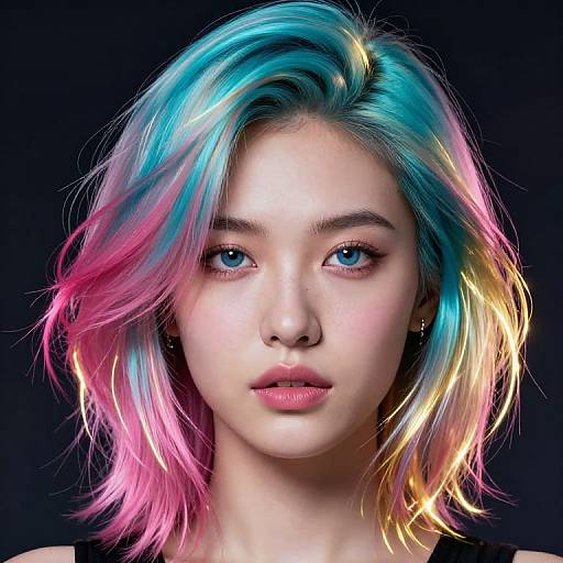 Photorealistic portrait of a young Asian woman with vibrant, multi-colored hair (blue, pink, yellow) against a dark background, showcasing striking blue