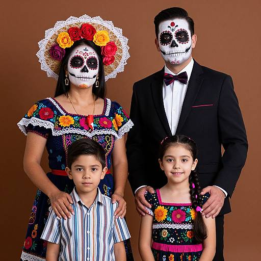 Photograph of a family in Day of the Dead costumes: mother in colorful dress with flower headpiece, father in black suit, son in striped shirt