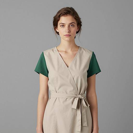 Young Woman in Beige Wrap Dress