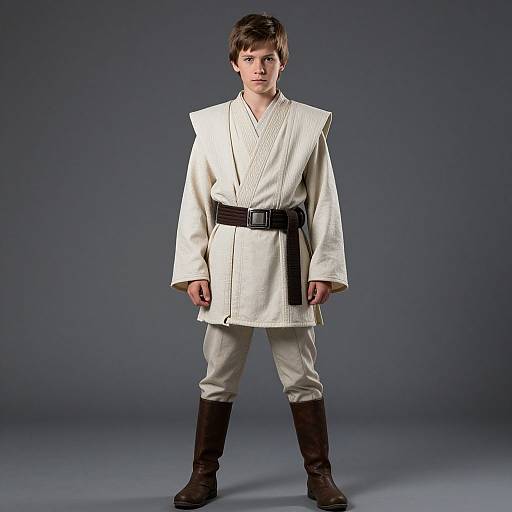 Photograph of a young Caucasian boy with short brown hair, wearing a white Jedi robe with black belt, beige pants, and brown boots, standing against