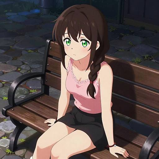Digital anime-style drawing of a shy, green-eyed girl with brown hair in a braid, wearing a pink tank top and black shorts, sitting on
