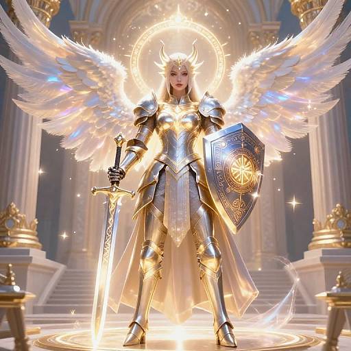Digital artwork of an angelic, golden-armored warrior with wings, holding a glowing sword and shield, standing in a radiant, temple-like setting.