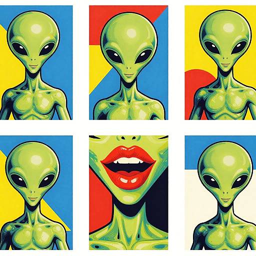 Pop art-style comic illustration of six green, alien-headed characters with black eyes, glossy skin, and varying backgrounds featuring bold red, yellow, and blue