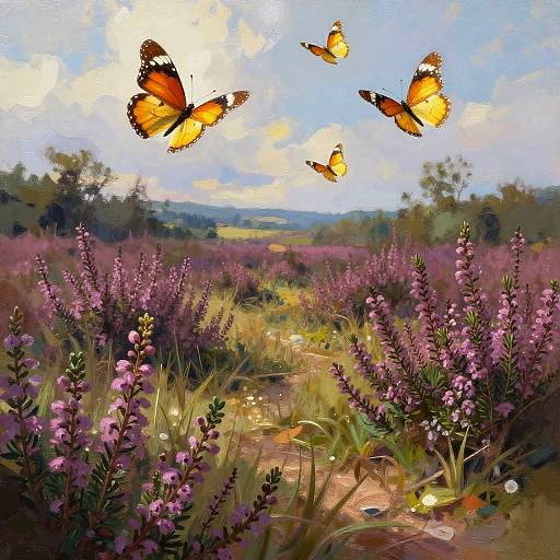 Fantasy Meadow with Heather and Golden Butterflies