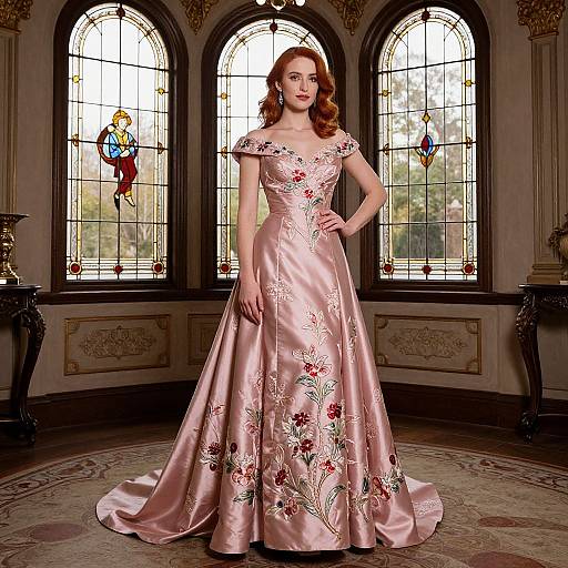 Photograph of a red-haired woman in a pink satin gown with floral embroidery, standing in an ornate room with stained glass windows.