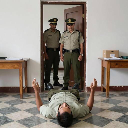 Man on Checkered Floor with Guards