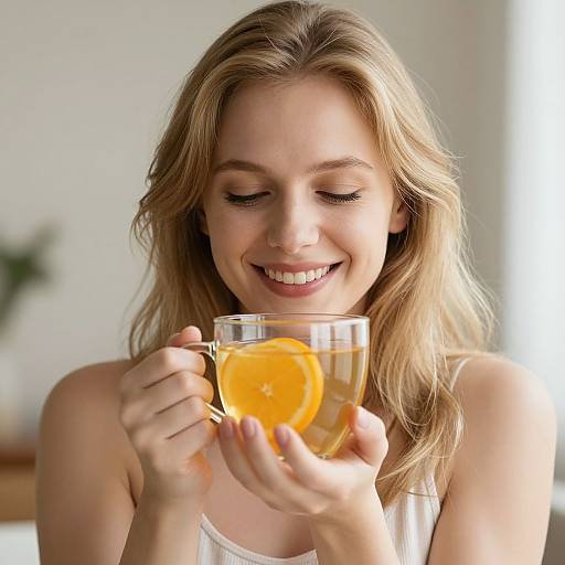 Radiant Blonde Woman with Fruit Tea