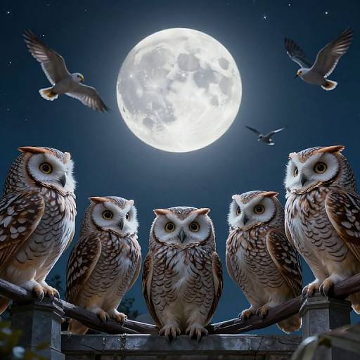 Photograph of five owls with large, wide eyes, perched on a wooden fence under a bright full moon, surrounded by flying birds. Dark