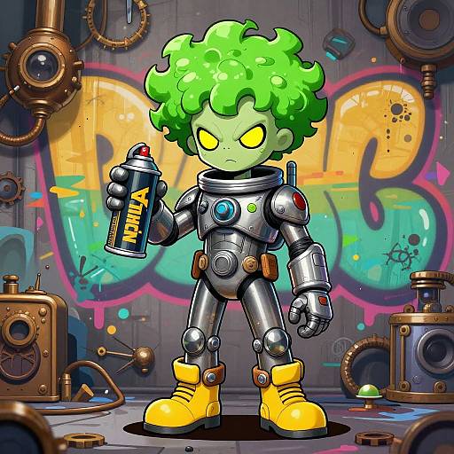 Digital illustration of a green-haired, yellow-eyed, chibi-style robot holding a spray can, standing in a colorful, graffiti-covered, steampunk