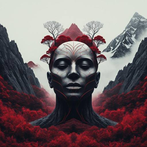 Surreal Head Merging with Nature in Misty Mountains