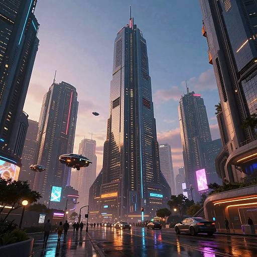Cyberpunk cityscape at sunset, featuring towering skyscrapers with neon lights, flying cars, and a wet, reflective street. Bright, colorful