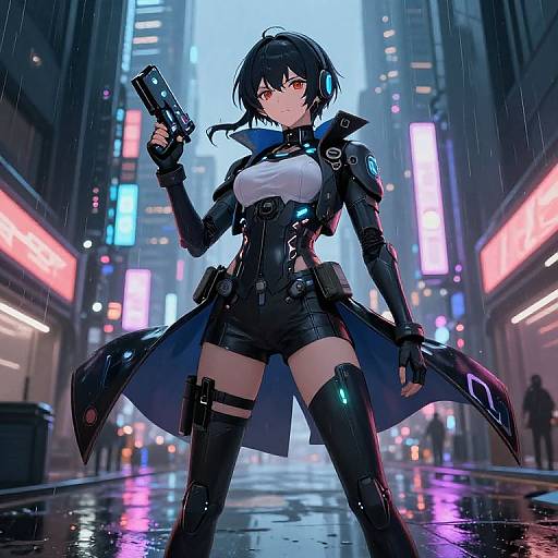 Cyberpunk anime girl with short black hair, red eyes, holding a gun, wearing black tactical gear and coat, standing in a neon-lit