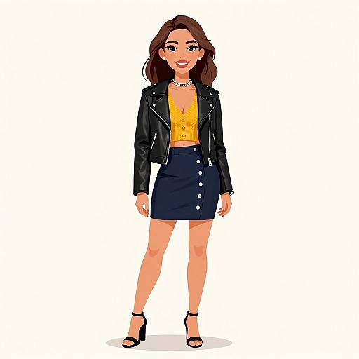 Digital illustration of a smiling woman with brown hair, wearing a black leather jacket, yellow blouse, navy skirt with buttons, pearl necklace, and black high