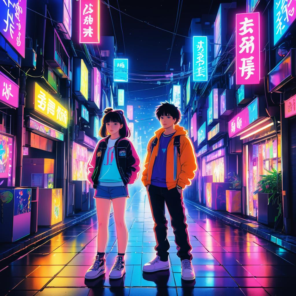 Siblings in a Neon City Adventure